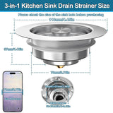 3-in-1 Kitchen Sink Drain Strainer & Stopper, Stainless Steel Food Catcher Plug with Filter Basket, Fits 3-1/2 Inch Drain Hole, Universal Sink Protector Cover, Anti-Clogging, Silver