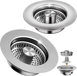 3-in-1 Kitchen Sink Drain Strainer & Stopper, Stainless Steel Food Catcher Plug with Filter Basket, Fits 3-1/2 Inch Drain Hole, Universal Sink Protector Cover, Anti-Clogging, Silver
